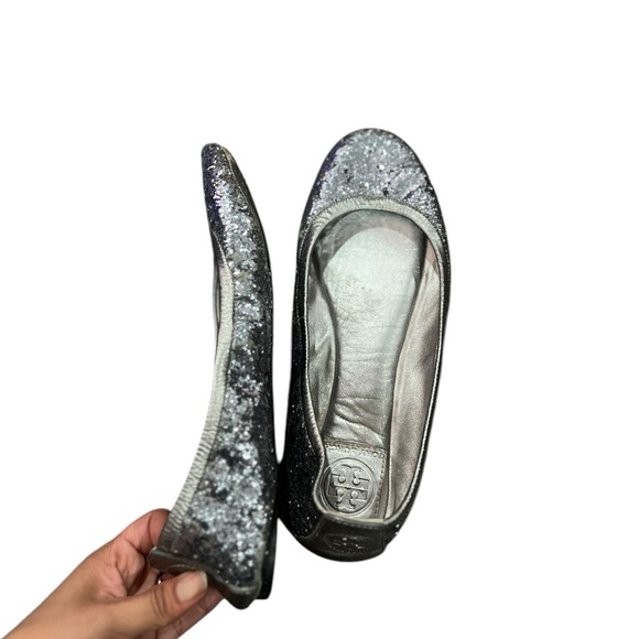 TORY BURCH Eddie Pewter Leather Glitter Ballet Flats - Picture 8 of 15